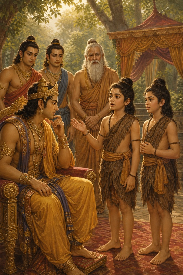 सिंहासन पर बैठे राम ठोड़ी पर हाथ रखे सुनते हैं, सामने एक तपस्वी बालक संकेत करते हुए बोलता है।