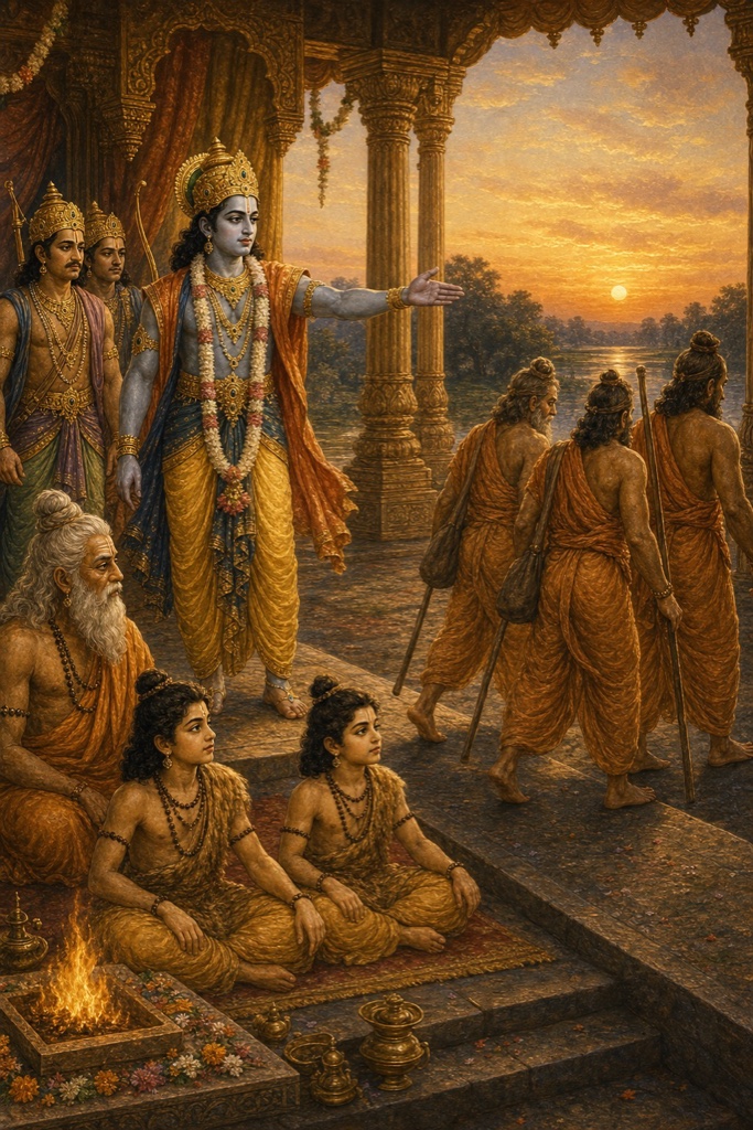 संध्या समय राम हाथ बढ़ाकर गेरुआधारी दूतों को विदा करते हैं, नीचे ऋषि और दो बालक बैठे हैं।
