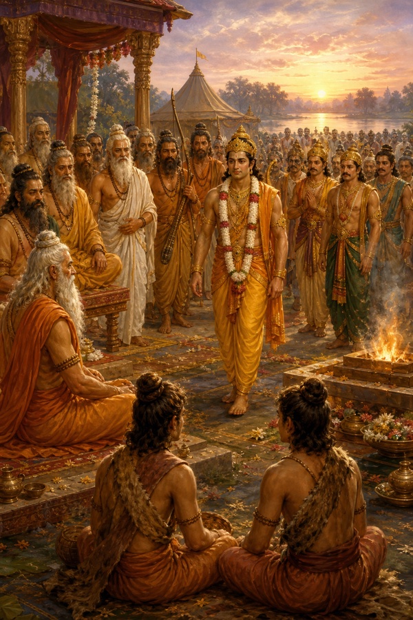 फूलों से बिछी यज्ञभूमि में माला पहने राम धीरे-धीरे चलते हैं, चारों ओर ऋषि और राजा खड़े हैं।