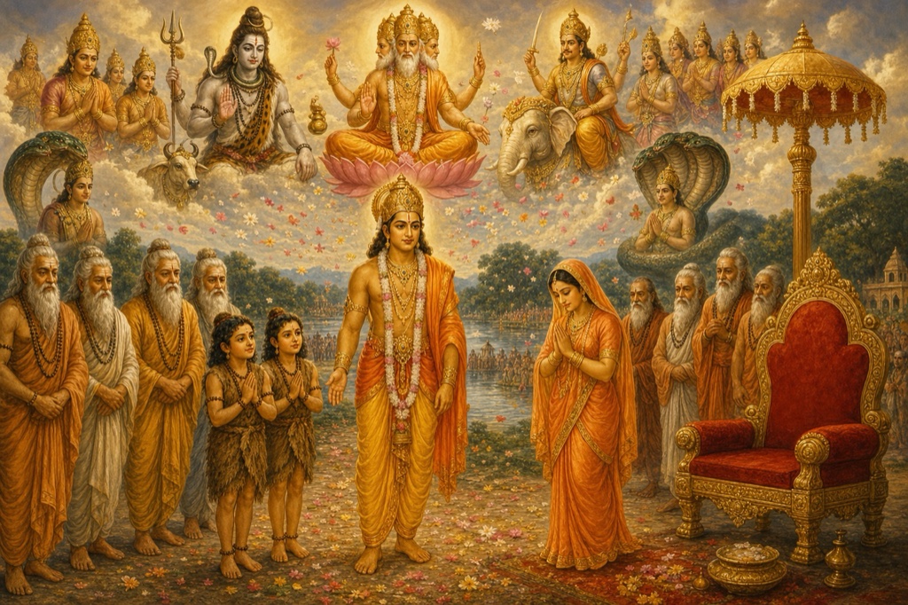 आकाश में शिव, ब्रह्मा और इंद्र समेत देवता प्रकट हैं, नीचे राम के सम्मुख सीता हाथ जोड़े खड़ी हैं।