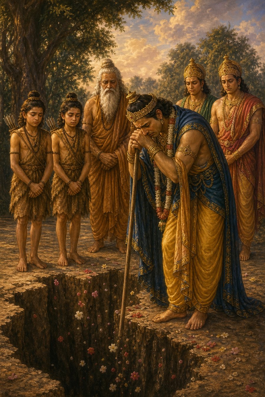 धरती की गहरी दरार के किनारे राम दंड थामे शोक में झुके हैं, पीछे वाल्मीकि और भाई खड़े हैं।