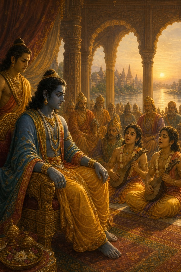 नीलवर्ण राम सिंहासन पर बैठे दो युवा गायकों का वीणा-गान सुनते हैं, झरोखों से नगर और नदी दिखती है।