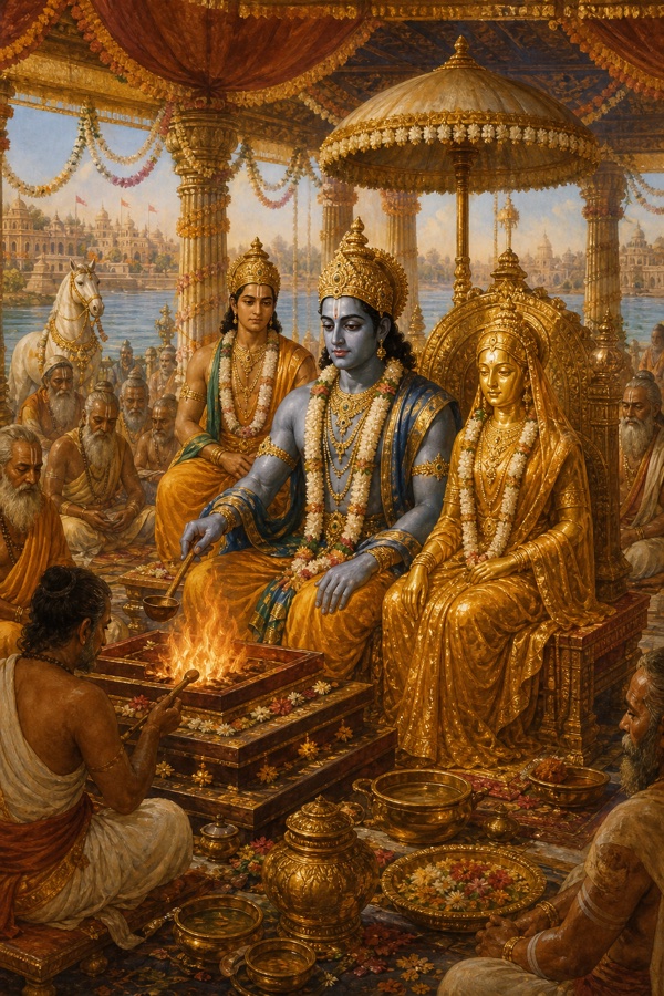 यज्ञ में राम सीता की स्वर्ण प्रतिमा को संग बिठाकर अग्नि में आहुति देते हैं, पास भाई बैठा है।