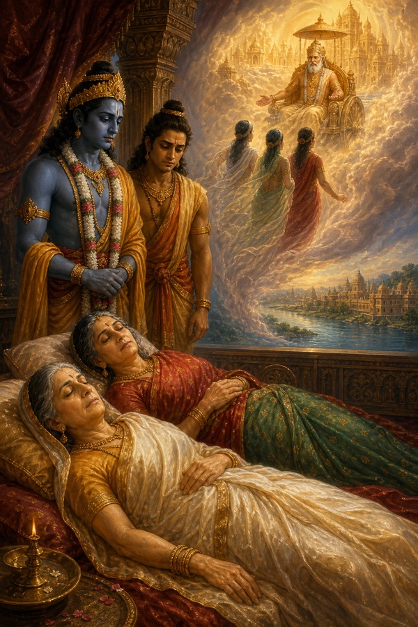 वृद्ध राजमाताएँ शय्या पर चिरनिद्रा में हैं, राम शोक में खड़े हैं, ऊपर दिव्य लोक में दशरथ दिखते हैं।