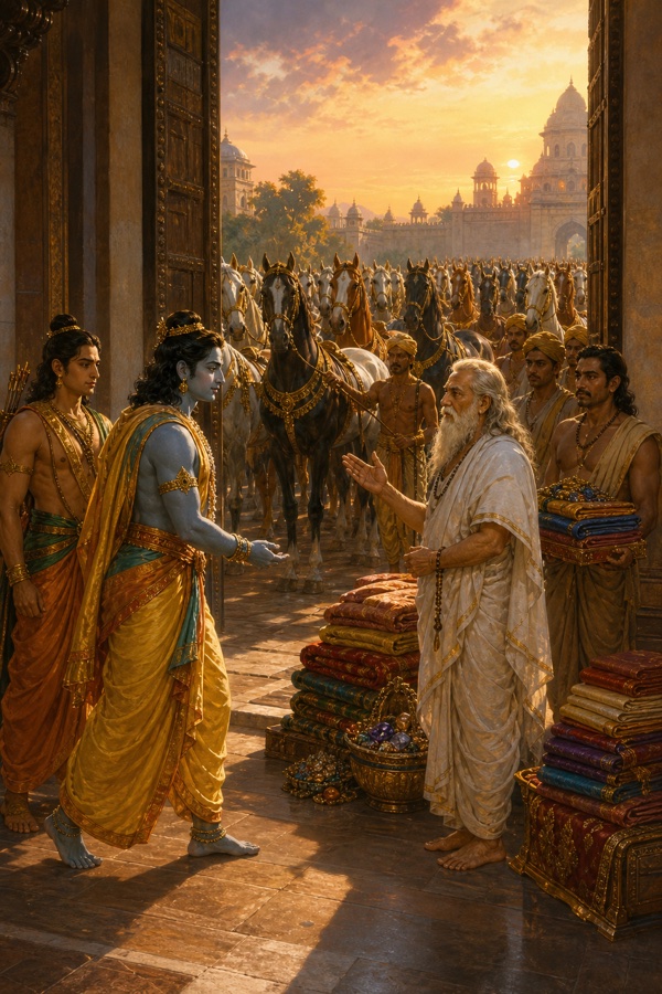 महल के द्वार पर राम वृद्ध ब्राह्मण को वस्त्रों और रत्नों का दान देते हैं, पीछे घोड़ों की कतार खड़ी है।