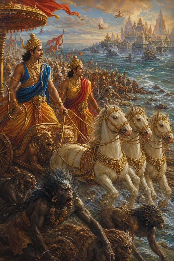 दो मुकुटधारी राजकुमार श्वेत अश्वों के रथ पर समुद्र तट की राक्षस सेना का सामना करते हैं।