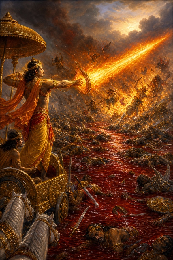 रथ पर खड़ा राजकुमार अग्निमय दिव्यास्त्र छोड़ता है, रणभूमि में रक्त की धारा और गिरे हुए राक्षस दिखते हैं।