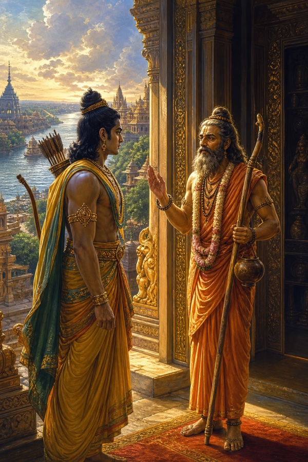 महल के द्वार पर धनुर्धारी लक्ष्मण खड़े हैं, गेरुआ वस्त्रधारी ऋषि हाथ उठाकर भीतर जाने की बात कहते हैं।
