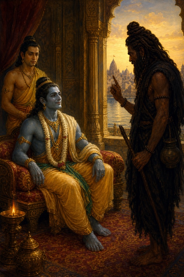 कृष्णवर्ण जटाधारी तपस्वी उँगली उठाकर आसन पर बैठे राम को गूढ़ संदेश सुनाता है, पीछे भाई खड़ा है।