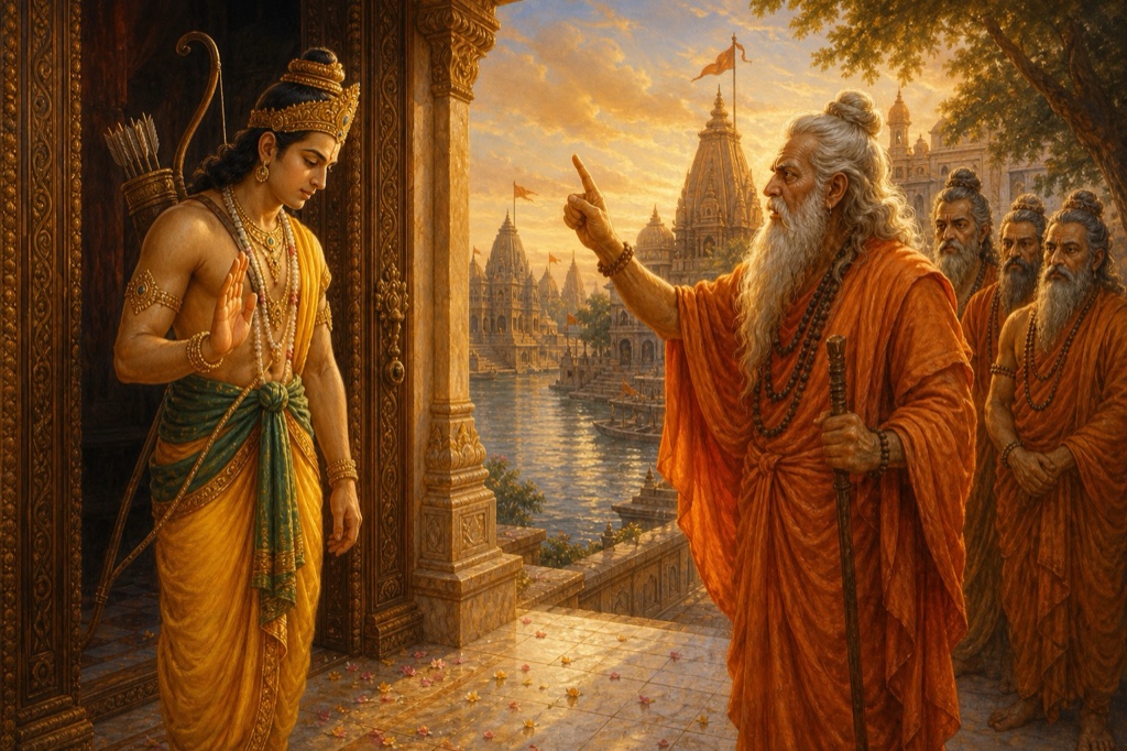 क्रोधित दुर्वासा उँगली उठाकर द्वार पर खड़े लक्ष्मण से तुरंत भीतर जाने की माँग करते हैं।