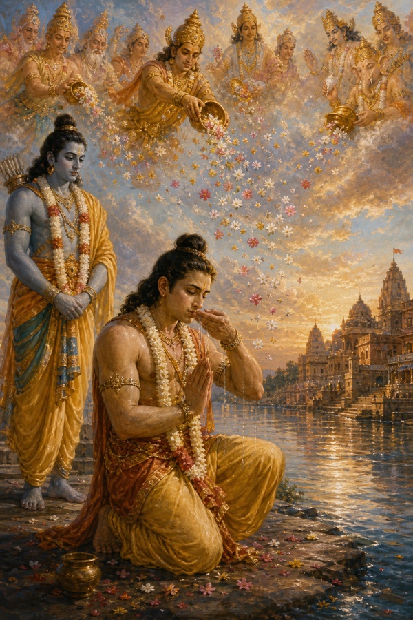 सरयू तट पर लक्ष्मण ध्यानस्थ होकर प्राण रोकते हैं, आकाश से देवता फूल बरसाते हैं, पीछे शोकमग्न राम खड़े हैं।