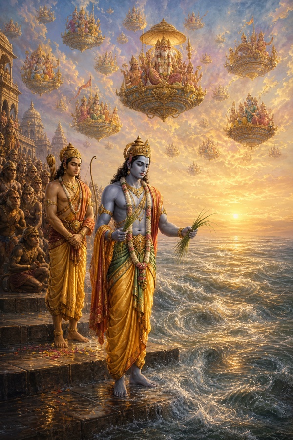हाथ में कुश लिए राम सरयू के जल की ओर बढ़ते हैं, आकाश देवताओं के विमानों से भरा है।