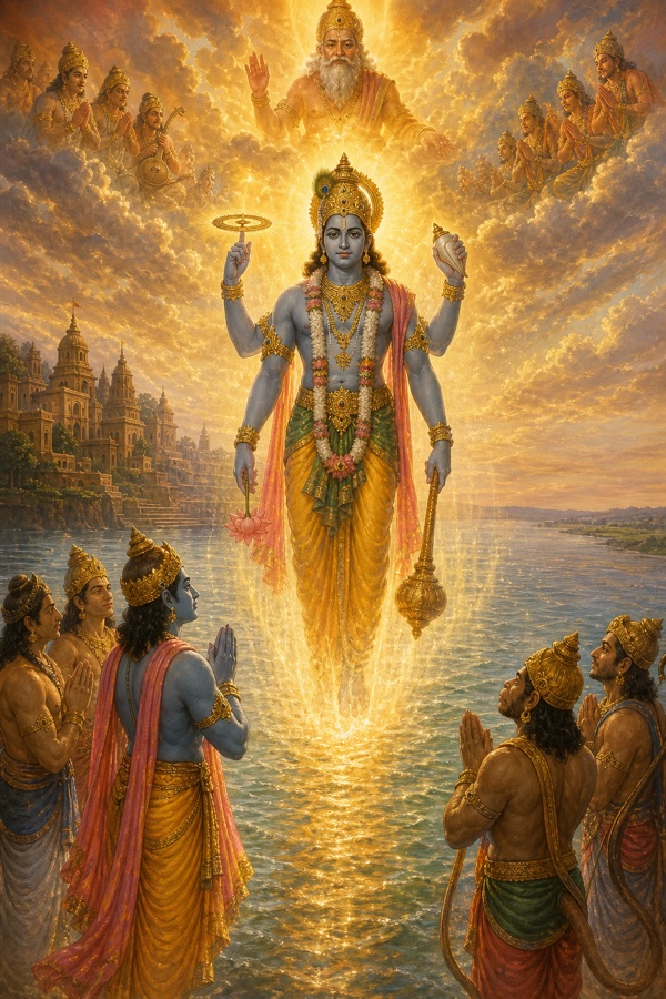 सरयू के ऊपर राम चतुर्भुज विष्णु रूप में शंख-चक्र लिए प्रकट होते हैं, नीचे हनुमान और राजकुमार हाथ जोड़े हैं।
