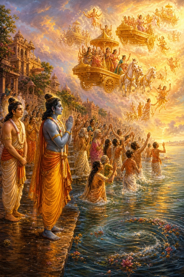 सरयू में उतरते नगरवासियों को लेने आकाश से दिव्य रथ उतरते हैं, घाट पर नीलवर्ण राम हाथ जोड़े खड़े हैं।