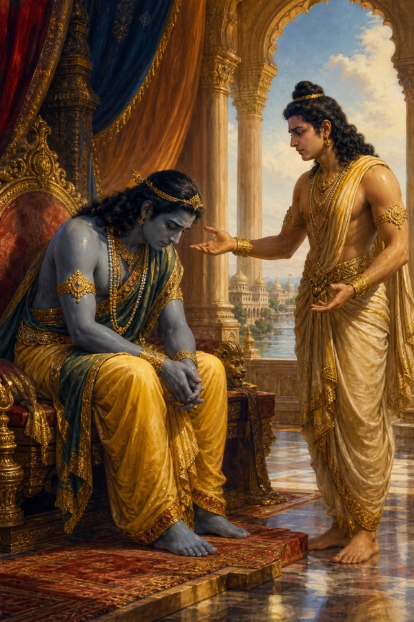 उदास राम सिंहासन पर सिर झुकाए बैठे हैं, स्वर्ण वस्त्रधारी राजकुमार दोनों हाथ बढ़ाकर निवेदन करता है।