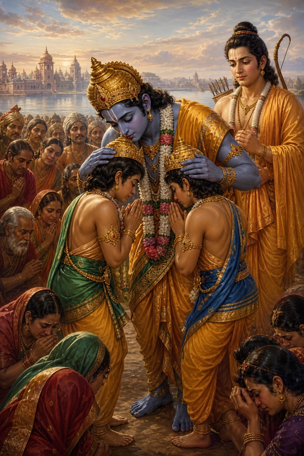 विदा की बेला में राम लव और कुश के सिर पर हाथ रखे हैं, चारों ओर प्रजा बिलख रही है।