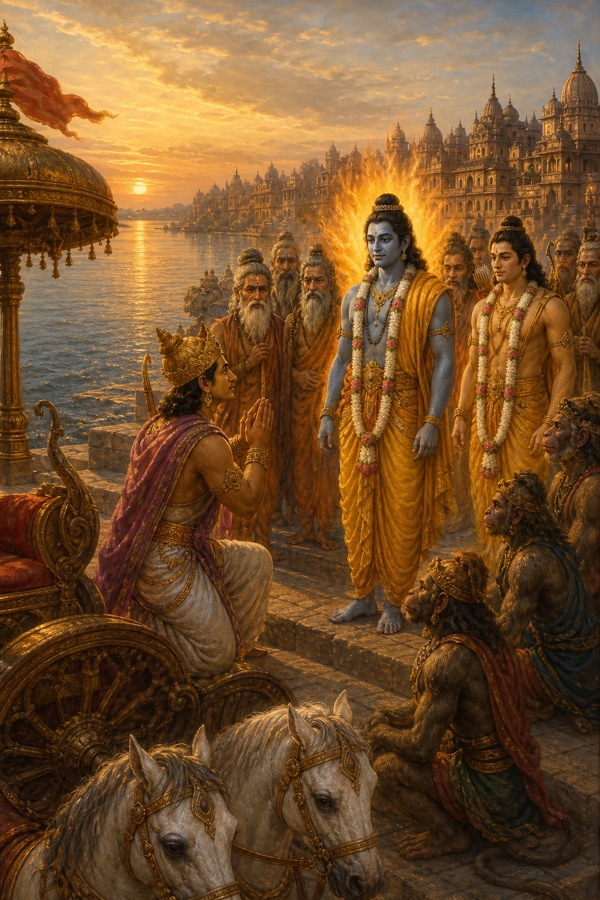 तेज से घिरे राम घाट पर खड़े हैं, रथ के पास मुकुटधारी राजा घुटने टेककर हाथ जोड़े विनती करता है।