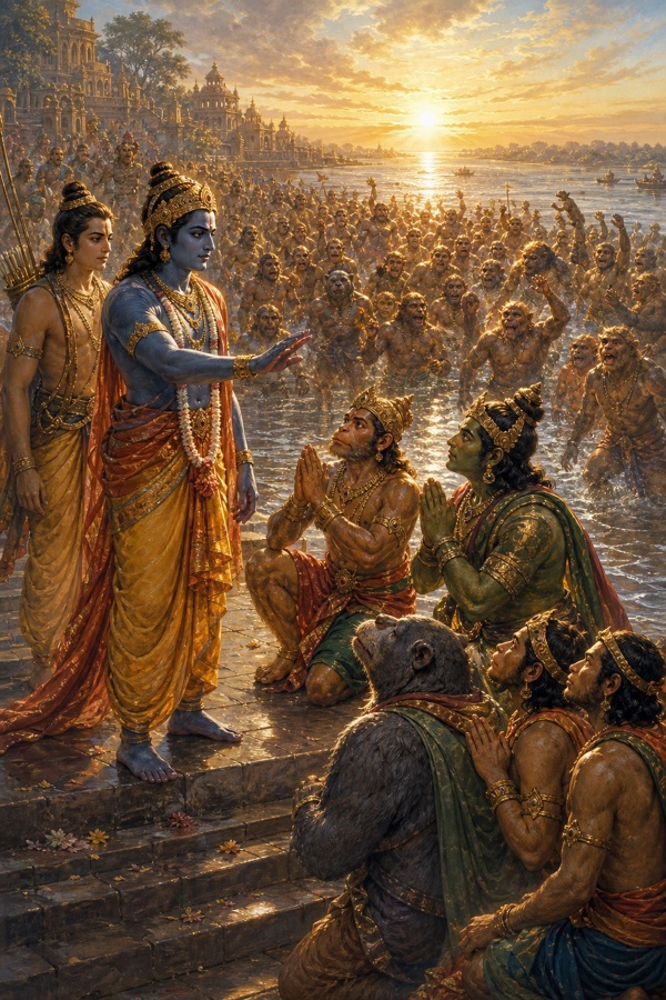 सरयू तट पर राम हाथ बढ़ाकर घुटने टेके वानरों और भालू को आश्वस्त करते हैं, जल में असंख्य वानर हैं।