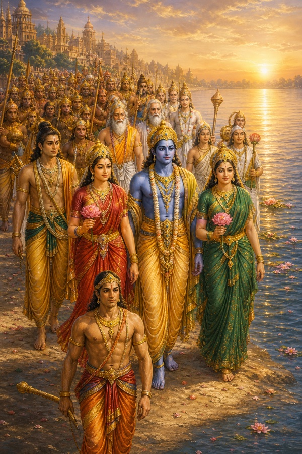 राम रानियों और राजपरिवार संग फूलों से सजे सरयू तट पर चलते हैं, पीछे पूरा नगर है।