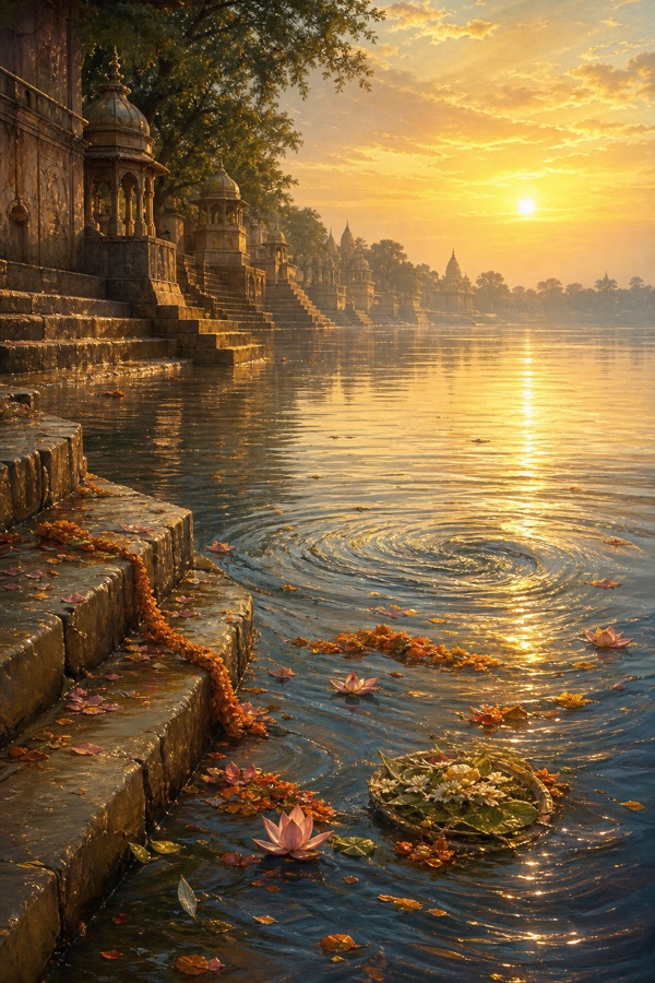 सूनी सरयू घाट की सीढ़ियों पर फूल और मालाएँ बिखरी हैं, जल में भँवर घूमता है।