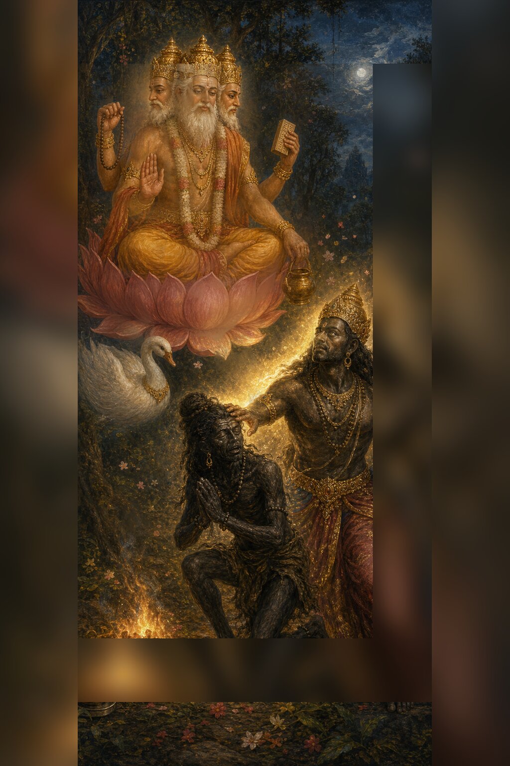 Three-faced Brahma, seated on a lotus with his swan, grants a boon to the gaunt, dark ascetic Andhaka below; Andhaka kneels with folded hands, and as he receives the boon his powerful, crowned form is emerging. Below, the fire of the offering is burning.