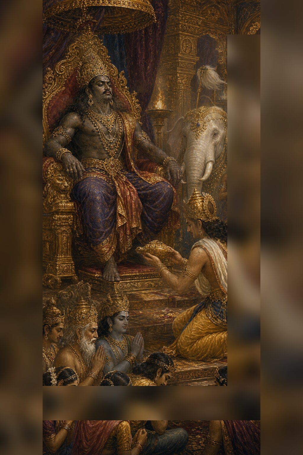 Andhaka sits enthroned as emperor on the golden throne of the asuras; a servant offers him a golden pitcher, Airavata stands nearby, and crowned gods bow below with folded hands.