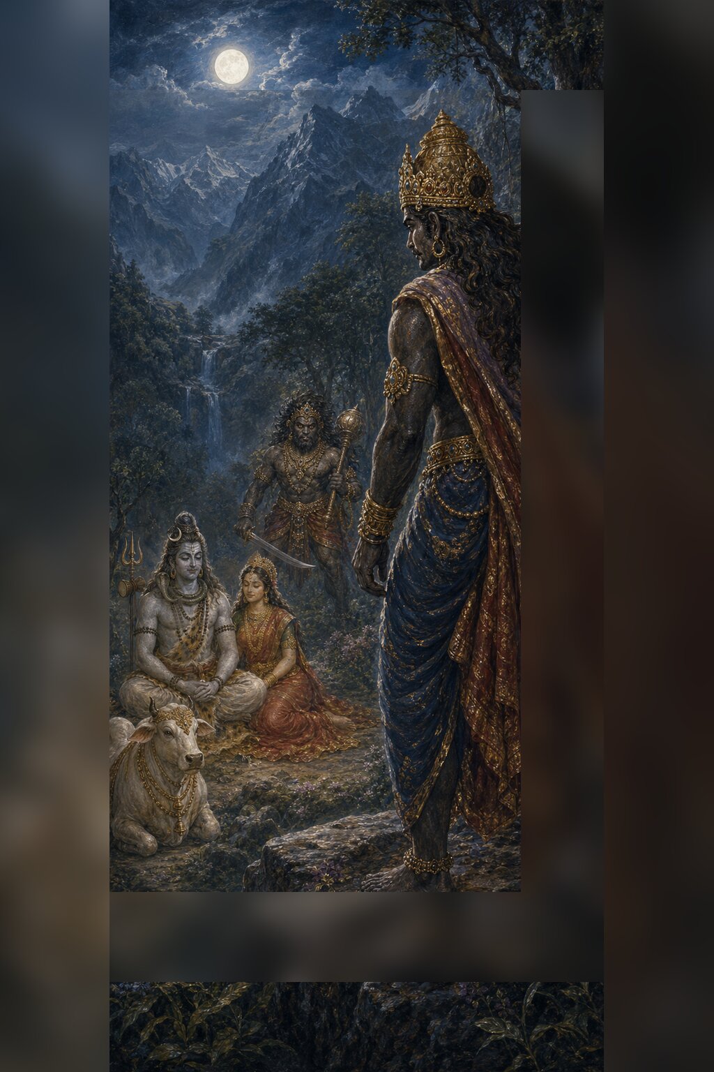 On a moonlit night a tall, crowned asura stands on a rock, gazing at Shiva and Parvati seated far off; Nandi rests near them, and between them a fearsome warrior bearing a mace and a sword stands ready on watch.