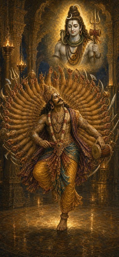 शोणितपुर के दीपित प्रासाद में रात को अकेले सहस्रबाहु बाणासुर भाव-विभोर होकर ताण्डव करते हैं, केवल अपने आराध्य को रिझाने को, और ऊपर प्रसन्न शिव कोमल प्रभा-मण्डल में मन्द-मुस्कान लिए प्रकट होते हैं।