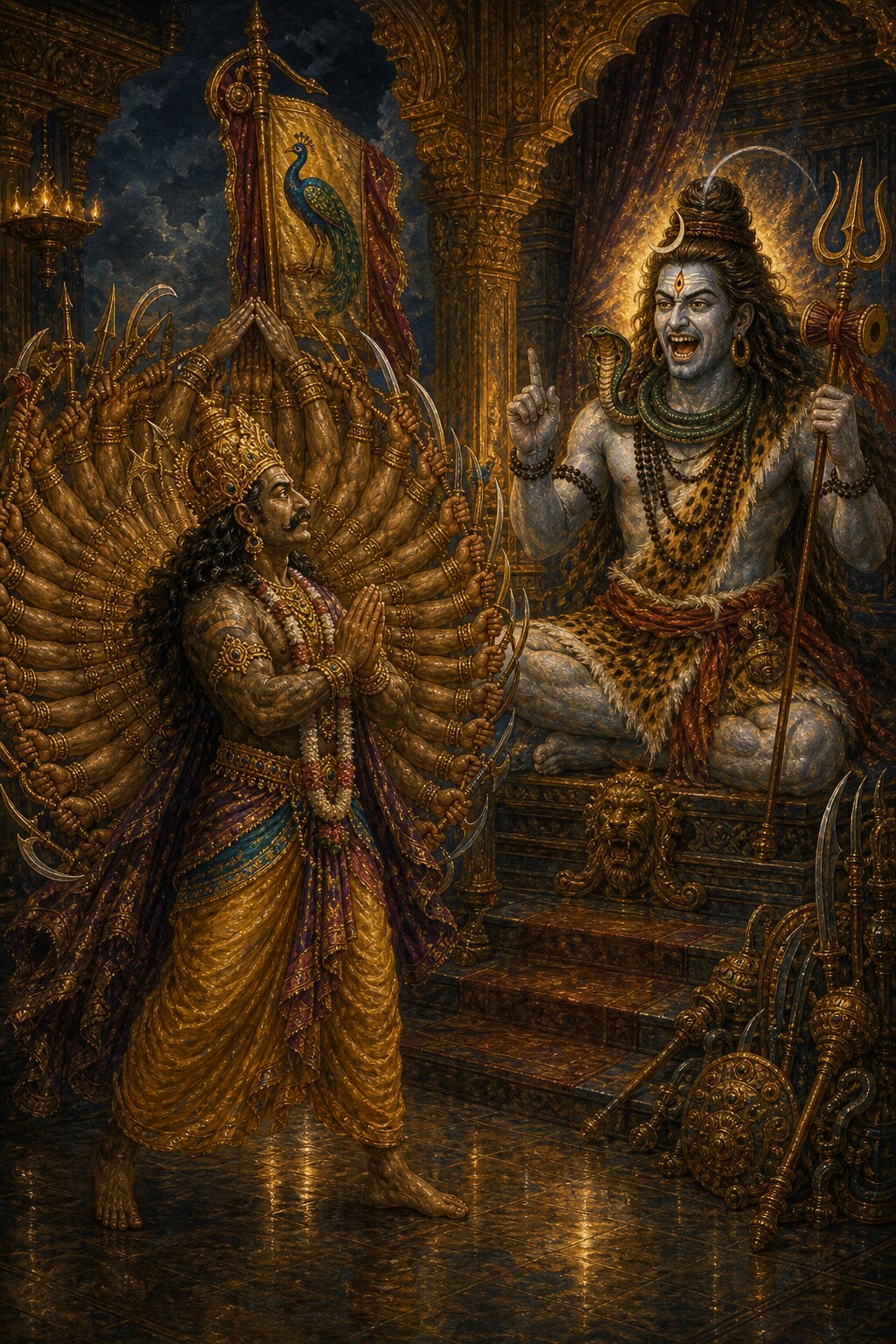 In the assembly, a proud Bana folds his upper hands and complains that his thousand arms have become a burden with no worthy enemy, while an angry Chandrashekhara, laughing a terrible laugh with his third eye blazing, warns that the war will arrive the moment the peacock banner falls.