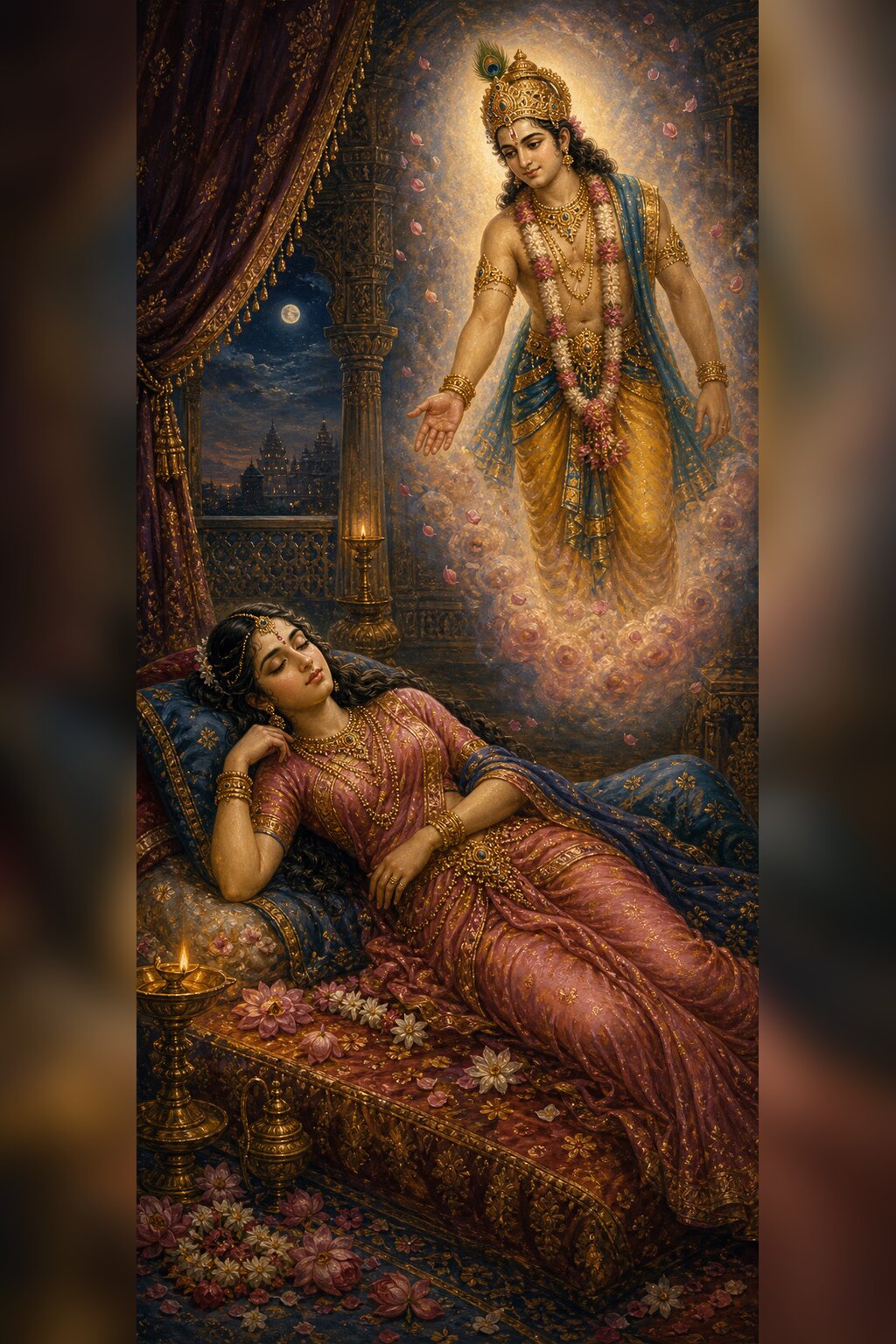 In the guarded inner chambers, above Princess Usha asleep on a bed of flowers, a dream-vision shaped by the goddess's grace floats, in which the young Aniruddha reaches a hand toward her; soft moonlit silver and a rosy glow.