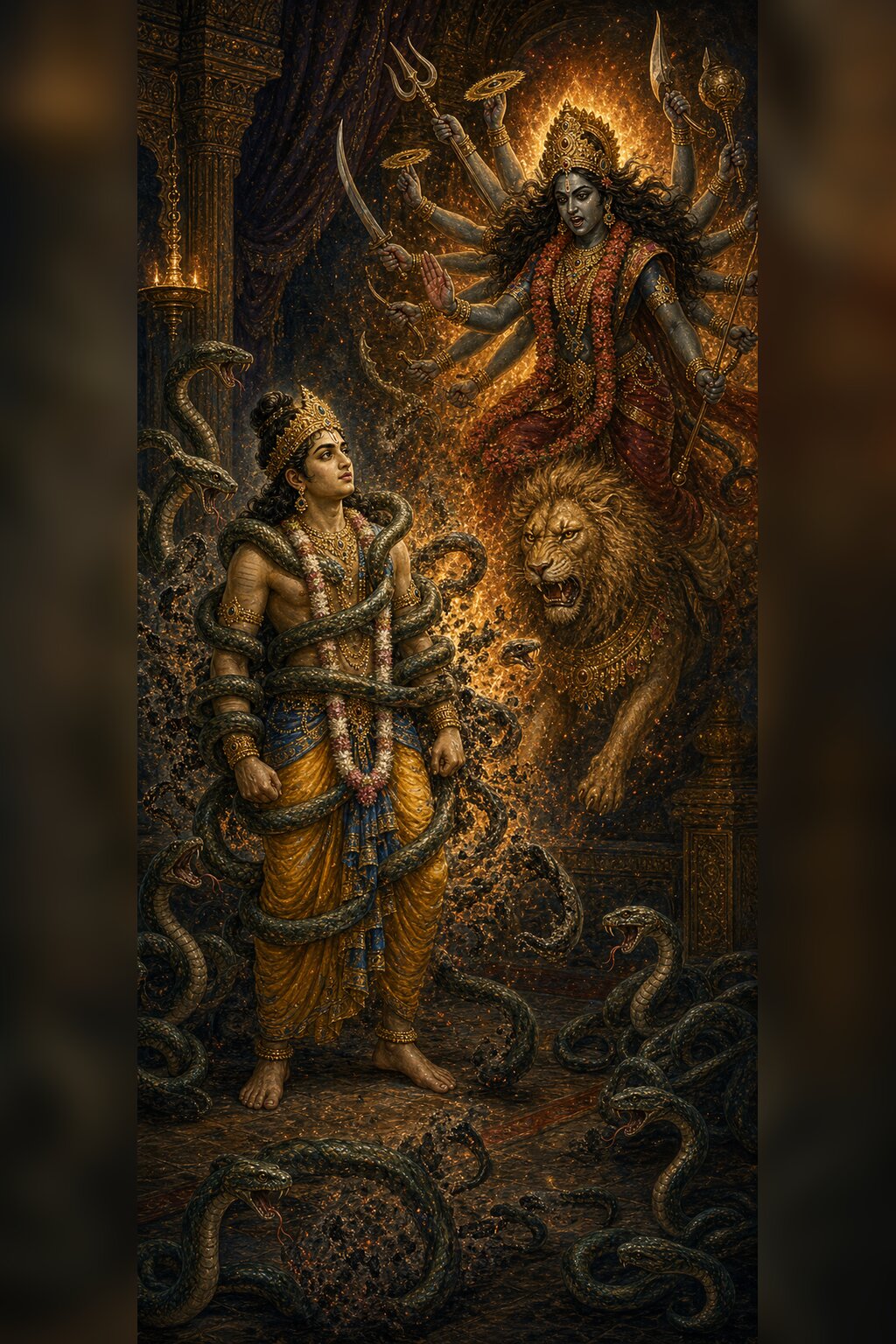 In a dim, dark chamber, hissing serpents coil around the unmoved Aniruddha bound in the nagapasha, and on the great night the blazing goddess Kalika appears upon her lion and burns the serpents to ash with her fire, cutting the noose.