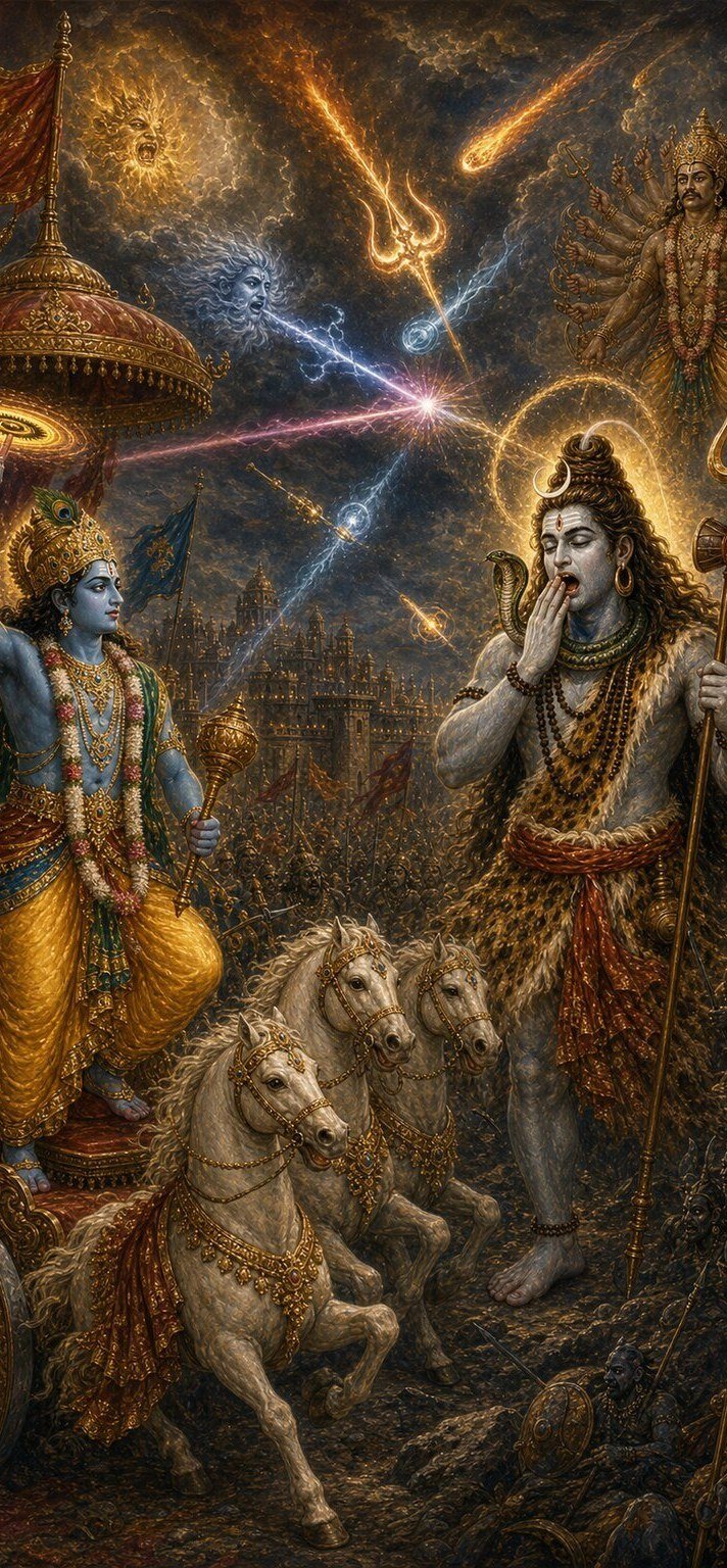 नीलवर्ण श्रीकृष्ण अपने रथ पर गदा लिये खड़े हैं और सामने भस्मधवल शिव जृम्भणास्त्र से मोहित होकर हाथ से मुख ढाँके जँभाई ले रहे हैं, ऊपर तूफ़ानी आकाश में दिव्य ज्वर अस्त्र टकरा रहे हैं और युद्धभूमि में सेनाएँ फैली हैं।