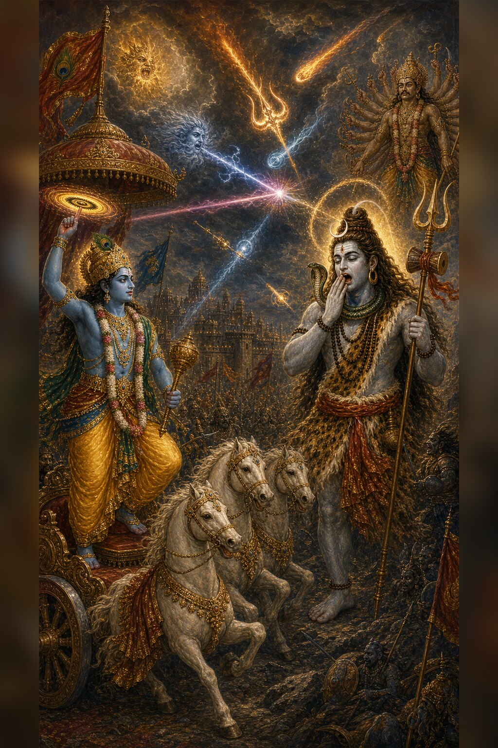 The dark-blue Krishna stands on his chariot holding a mace, and before him the ash-white Shiva, overcome by the jrimbhanastra, yawns with a hand covering his mouth, while overhead in a stormy sky the divine fever weapons clash and armies spread across the battlefield.
