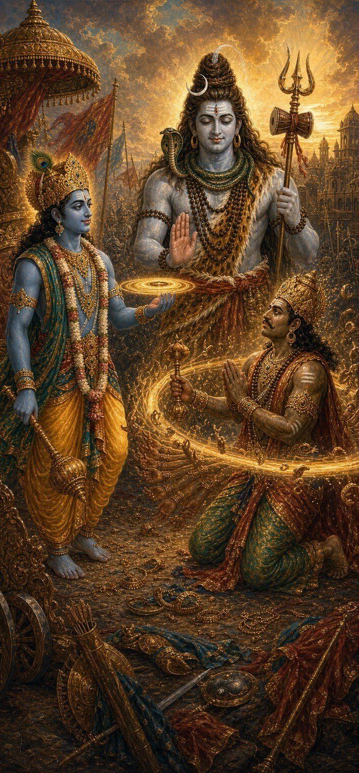 श्रीकृष्ण का देदीप्यमान सुदर्शन चक्र घूमकर बाणासुर की सहस्र भुजाएँ काट रहा है और केवल चार भुजाएँ शेष रहती हैं, बीच में भस्मधवल शिव अभय हाथ उठाकर रक्षा कर रहे हैं तथा बाणासुर अश्रुपूरित होकर हाथ जोड़े घुटनों के बल भक्ति में झुका है और चारों ओर आभूषण बिखरे हैं।