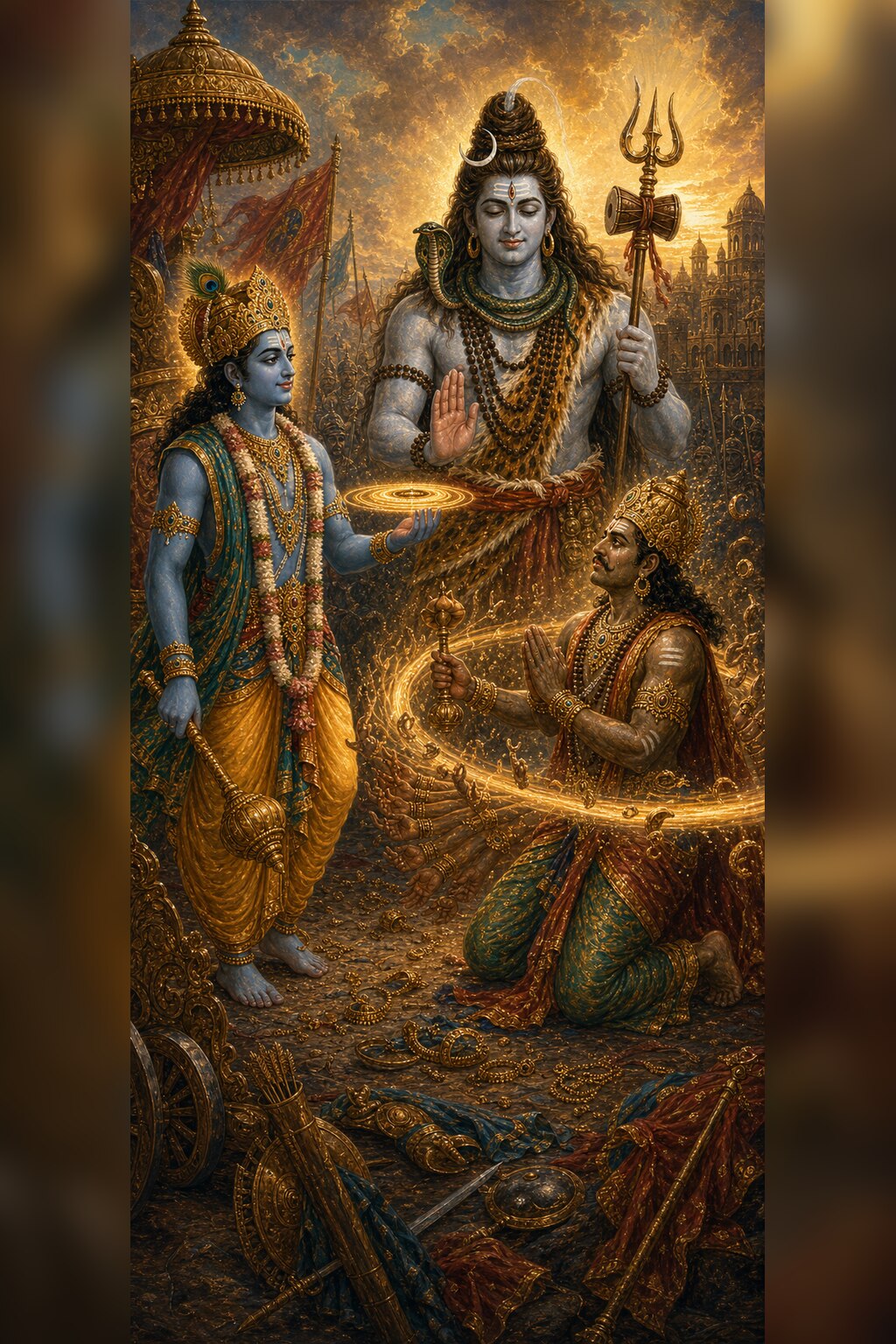 Krishna's radiant Sudarshana chakra spins and cuts away Banasura's thousand arms until only four remain, while in the center the ash-white Shiva raises a hand of protection in a gesture of fearlessness, and Banasura, his eyes brimming with tears, kneels with folded hands bowed in devotion as ornaments lie scattered all around.