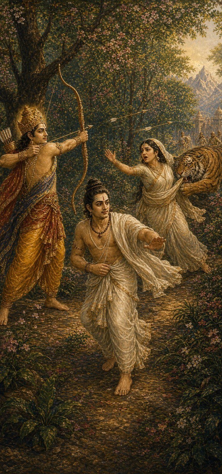 राजा भद्रायु धनुष खींचकर बाण छोड़ रहे हैं, मायावी व्याघ्र भागती ब्राह्मणी को पकड़कर घसीट रहा है और ब्राह्मण चिल्लाता हुआ आगे भाग रहा है, पीछे वन तथा दूर पर्वत और प्रासाद दिखते हैं।