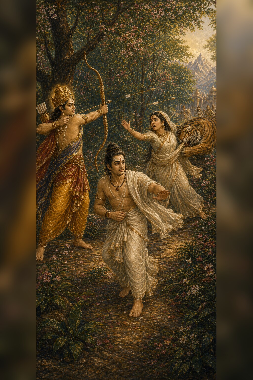 King Bhadrayu draws his bow and looses an arrow; the illusory tiger has seized the fleeing brahmin's wife and drags her away, while the brahmin runs ahead crying out, with the forest, distant mountains, and a palace visible behind.