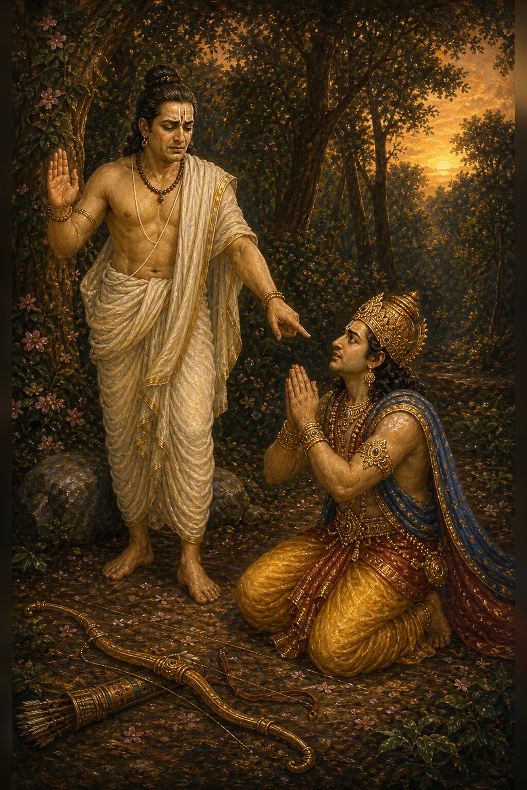 The weeping brahmin stands and points with his finger, while King Bhadrayu, kneeling on the ground with folded hands, offers himself in surrender; his great bow and quiver lie on the ground, and the light of dusk falls over the scene.