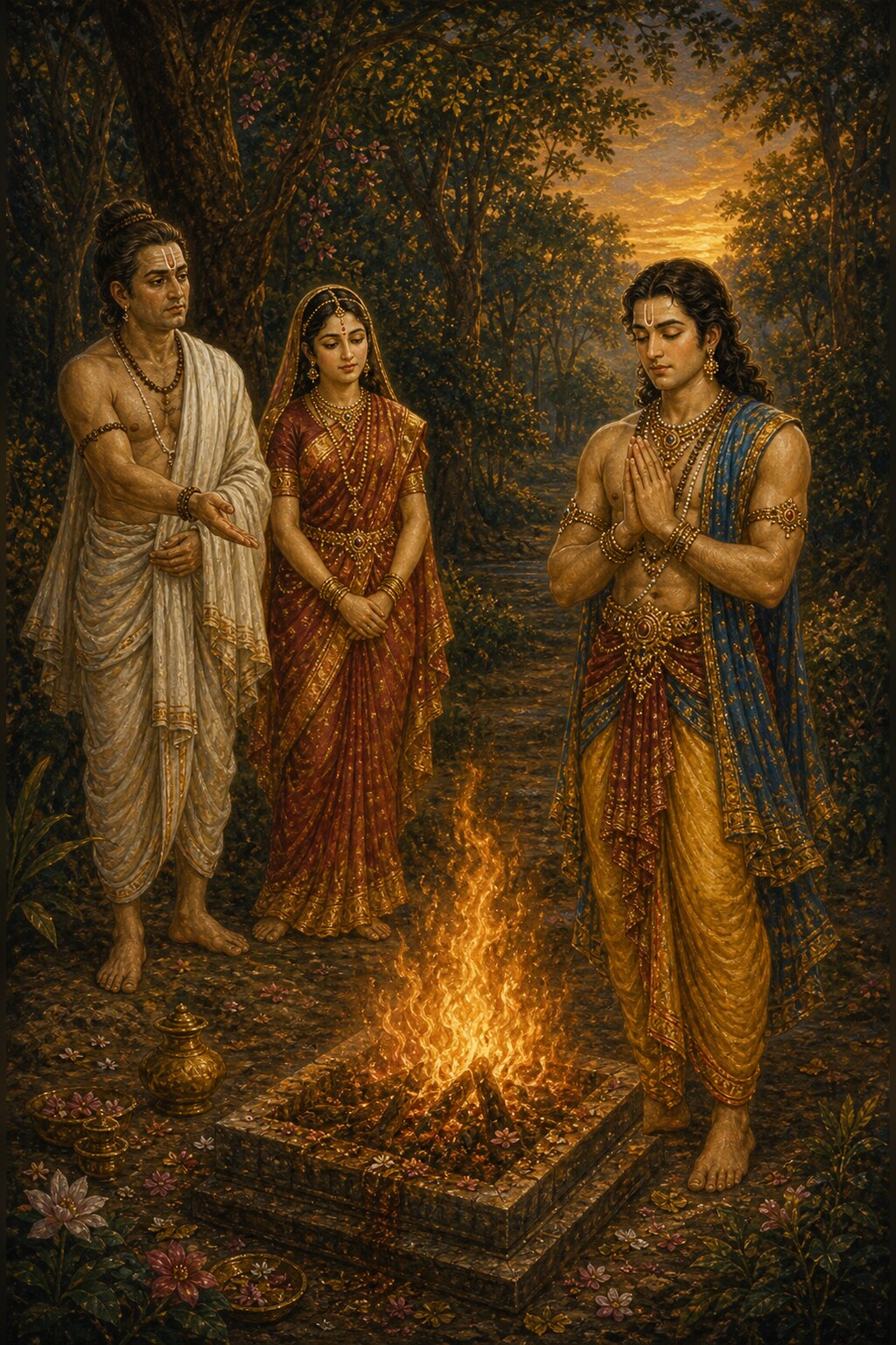 Beside a fire blazing on a stone altar, King Bhadrayu, hands folded and eyes closed, meditates on Shiva; to the left stand Queen Kirtimalini and the brahmin, and vessels for worship are set out below.
