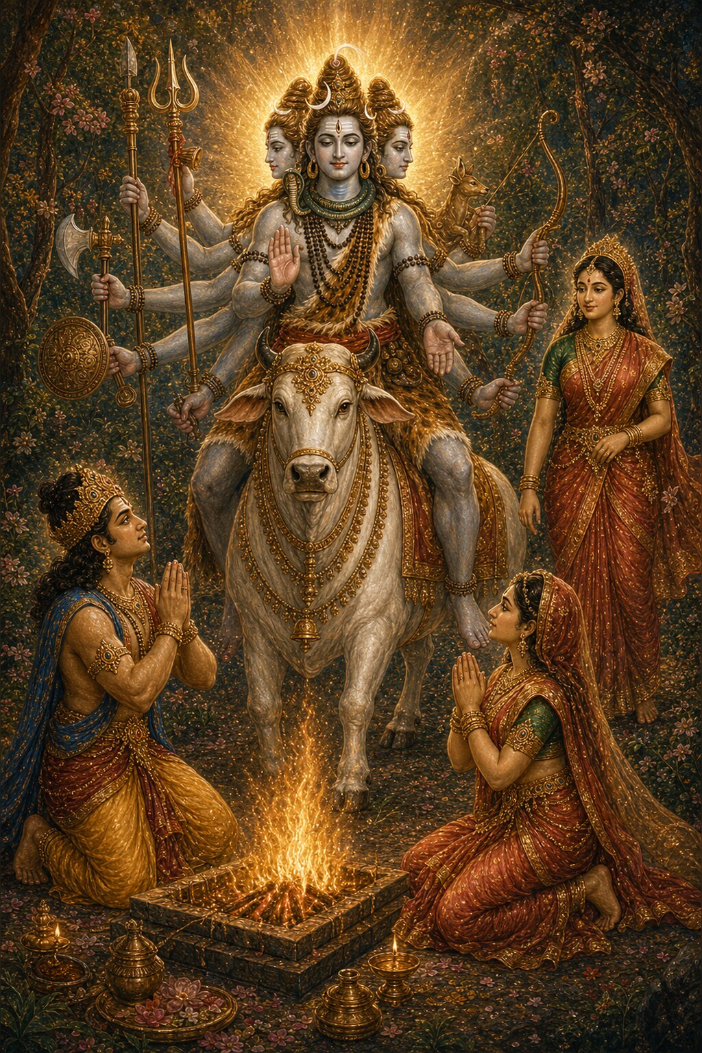 The many-armed, five-faced Vishvanath Shiva, bearing the trident, the axe, a shield, a deer, and a bow, and holding the gestures of fearlessness and boon-granting, sits radiant upon a white bull; nearby stands the golden-limbed Uma, and near the fire King Bhadrayu and Queen Kirtimalini kneel with folded hands.