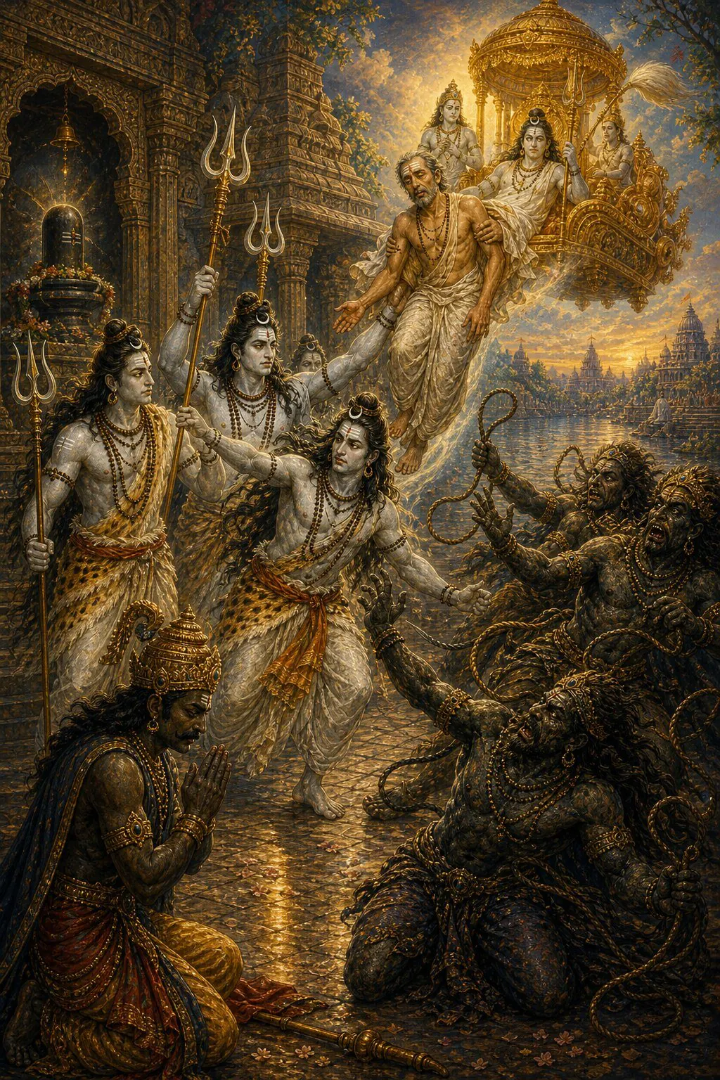 शिव मन्दिर के पास शिवपार्षद यमदूतों को खदेड़कर ब्राह्मण देवराज को स्वर्णिम विमान पर बिठाते हैं, और धर्मराज हाथ जोड़े खड़े हैं।