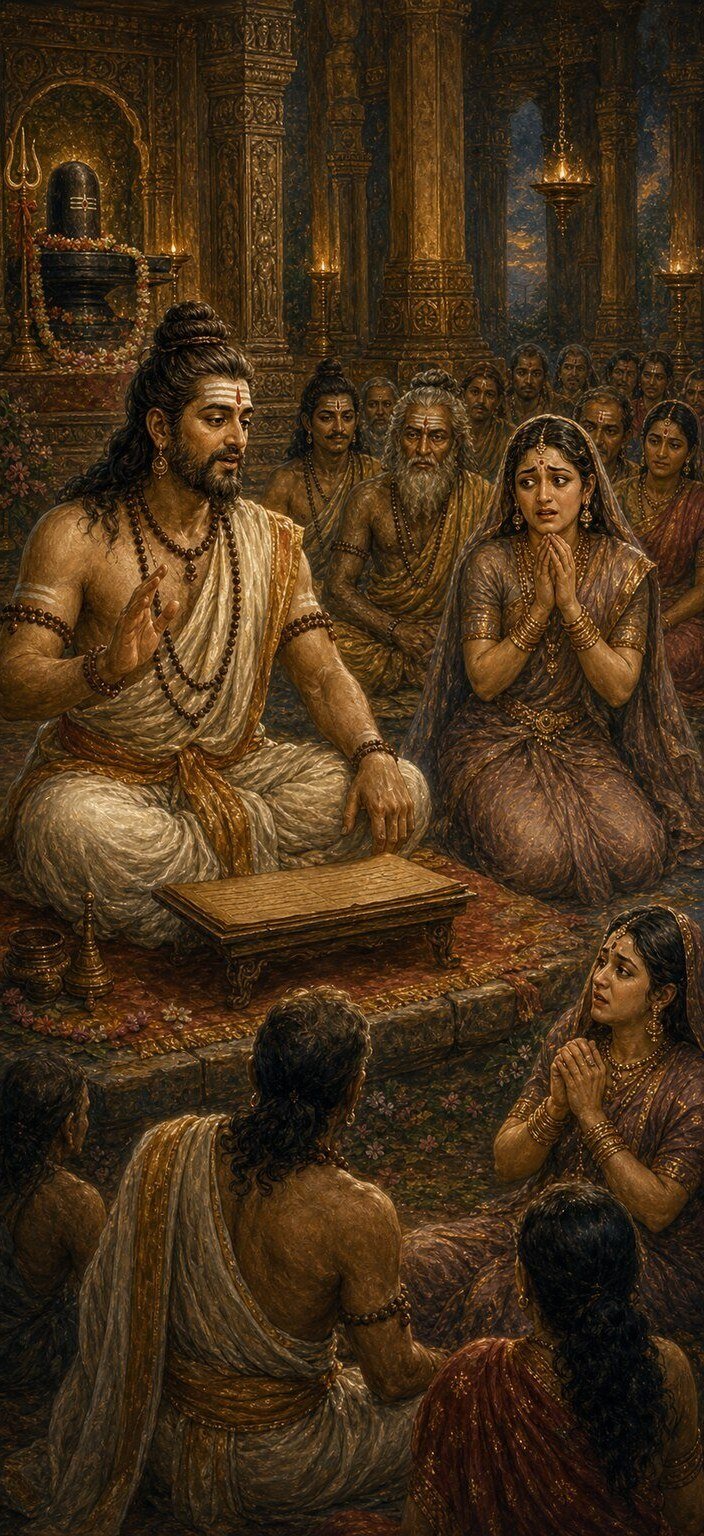 दीपों से जगमगाते मन्दिर के मण्डप में कथावाचक ब्राह्मण ताड़पत्र की पोथी से शिवपुराण सुना रहे हैं और श्रोताओं में बैठी चञ्चुला भयभीत मुख से हाथ जोड़े काँप रही है।