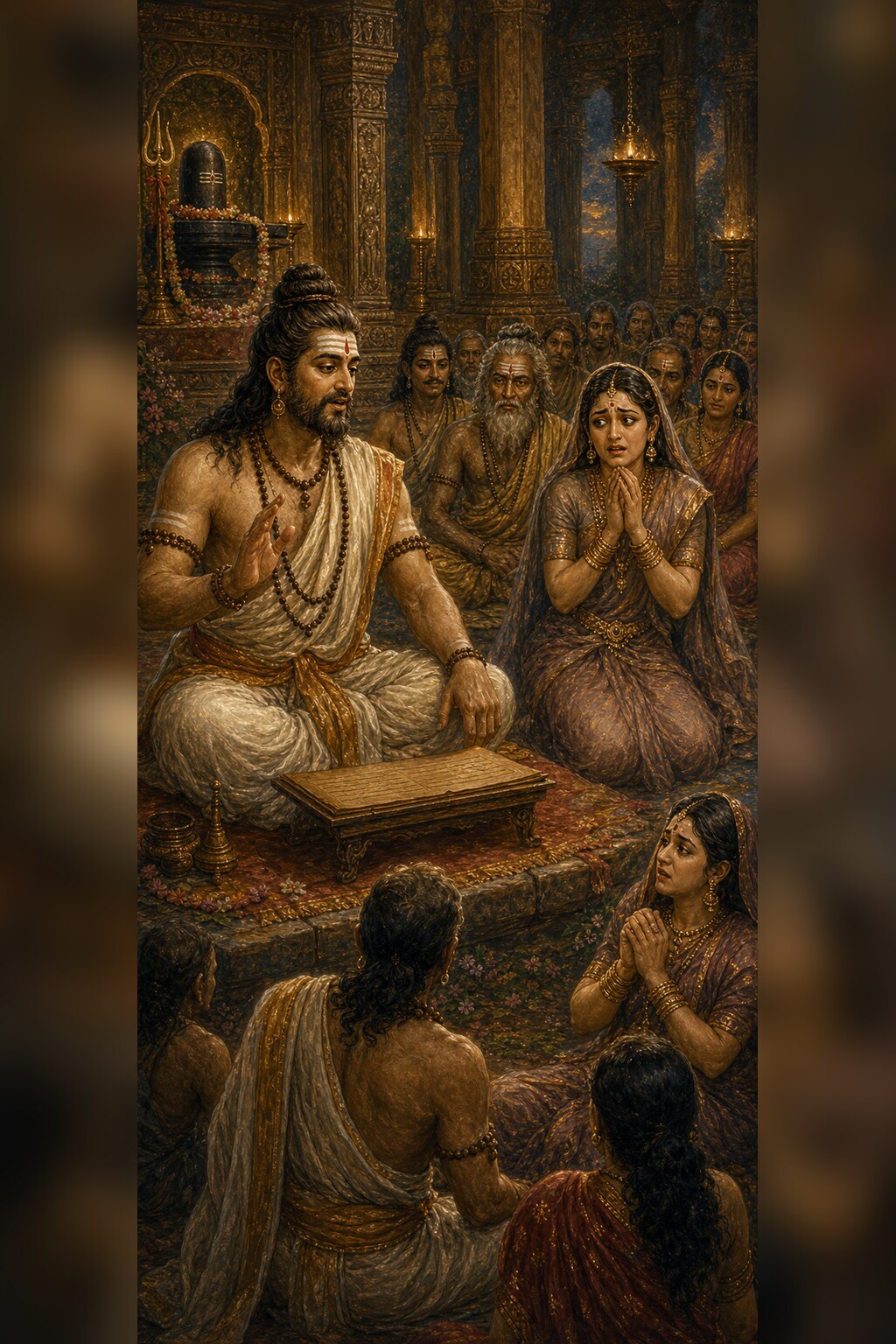 In a temple pavilion glowing with lamps, a brahmin reciter reads the Shiva Purana from a palm-leaf manuscript, and Chanchula, seated among the listeners, trembles with a frightened face and folded hands.