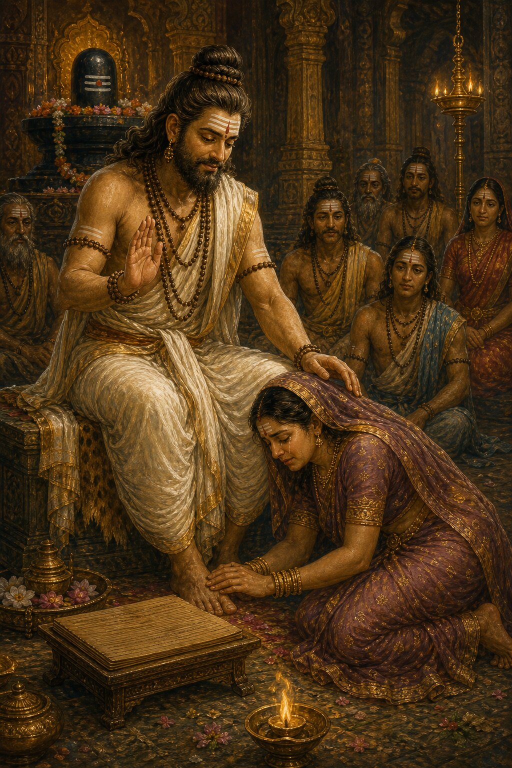 Weeping, Chanchula has fallen at the feet of the reciter brahmin, and the brahmin, raising one hand in a gesture of reassurance, lifts her up with compassion, while nearby on a low stool rests the Shiva Purana manuscript and a lamp burns.