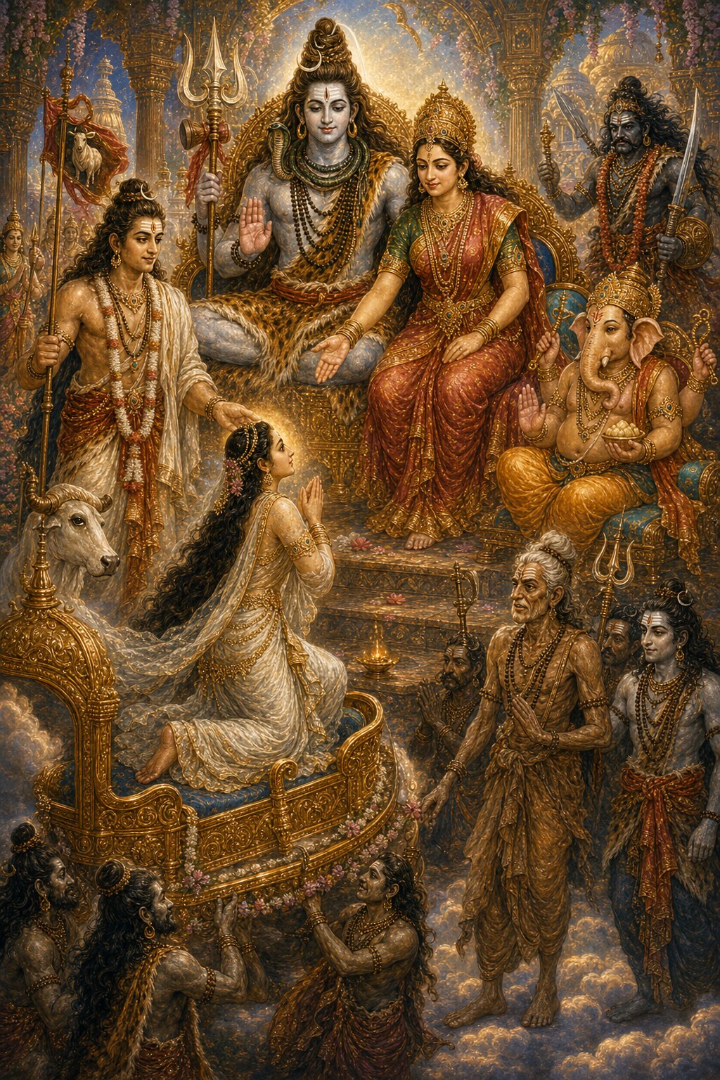 Seated on a golden chariot borne by the ganas, the divine-formed Chanchula bows with folded hands to the three-eyed Mahadeva; on Mahadeva's left sits the golden-limbed Gauri, and nearby the elephant-faced Ganesha, the gaunt Bhringi, and the valiant Virabhadra attend, while Parvati lovingly calls her near.