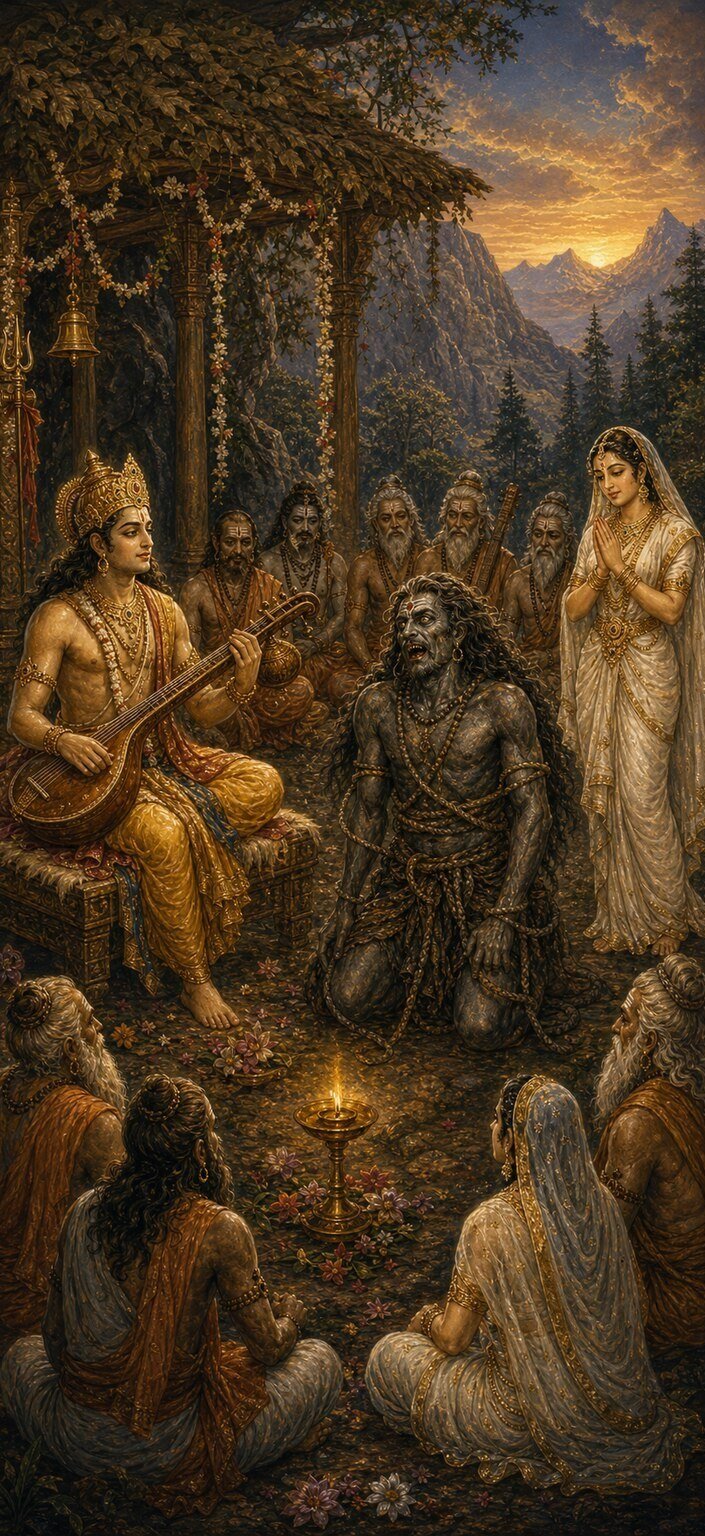 पर्वत पर फूलों से सजे मण्डप में मुकुटधारी तुम्बुरु वीणा बजाते हुए रस्सियों से बँधे कृशकाय धूसर पिशाच विन्दुग को शिवपुराण सुना रहे हैं, चारों ओर देवर्षि सुन रहे हैं और दिव्यरूपा चञ्चुला हाथ जोड़े पास खड़ी है।