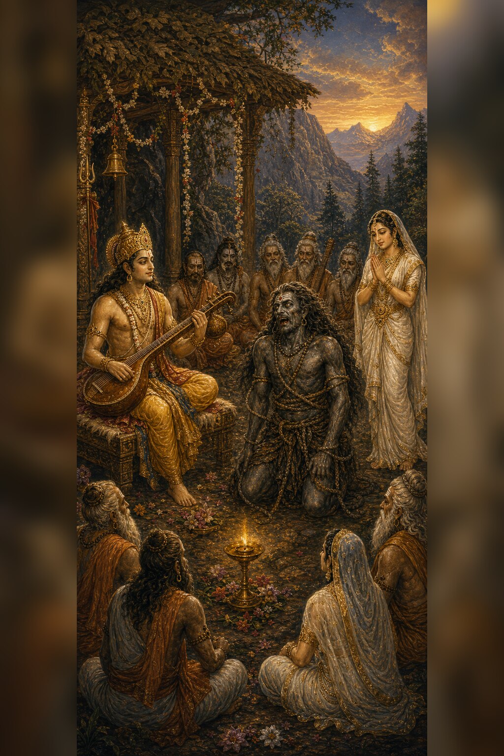 In a flower-decked pavilion on the mountain, the crowned Tumburu plays the vina and recites the Shiva Purana to the gaunt, ashen pishacha Vindug bound with ropes; celestial sages listen all around, and the divine-formed Chanchula stands nearby with folded hands.