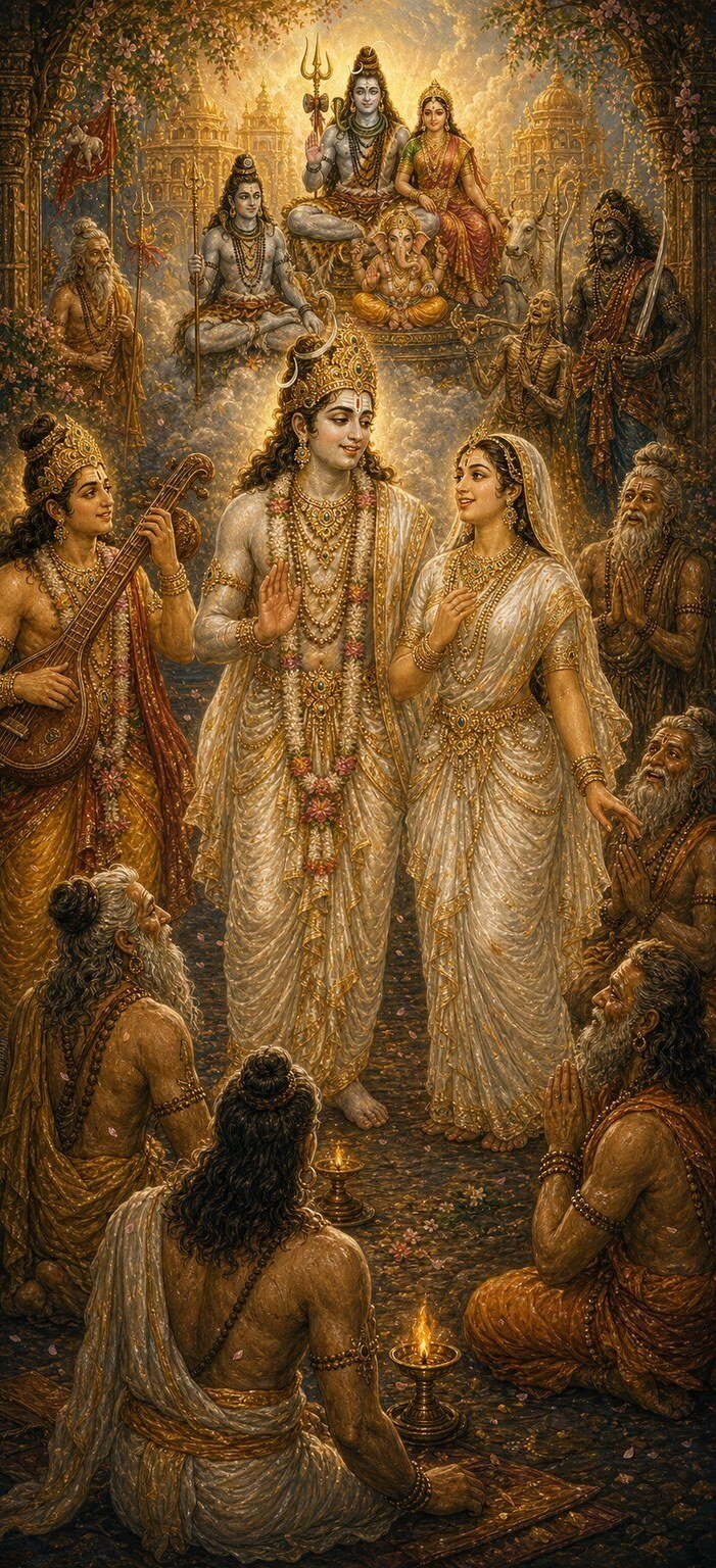 पिशाच शरीर त्यागकर विन्दुग श्वेत और स्वर्ण वस्त्रोंवाला दीप्तिमान दिव्य पुरुष बनकर अपनी प्रिया चञ्चुला के साथ खड़ा है, दोनों शिव का गुणगान कर रहे हैं, तुम्बुरु वीणा बजा रहे हैं और देवर्षि विस्मित हैं तथा ऊपर शिव और पार्वती वैभव के साथ विराजमान हैं।