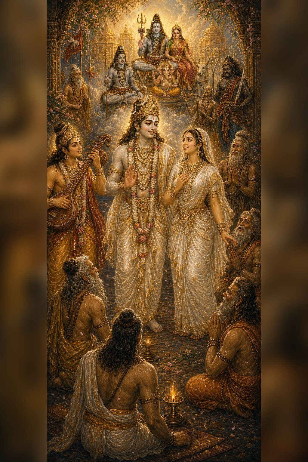 Having cast off the pishacha body, Vindug stands as a radiant divine man in white and golden garments beside his beloved Chanchula; the two sing Shiva's praises, Tumburu plays the vina, the celestial sages look on in wonder, and above, Shiva and Parvati are enthroned in splendor.