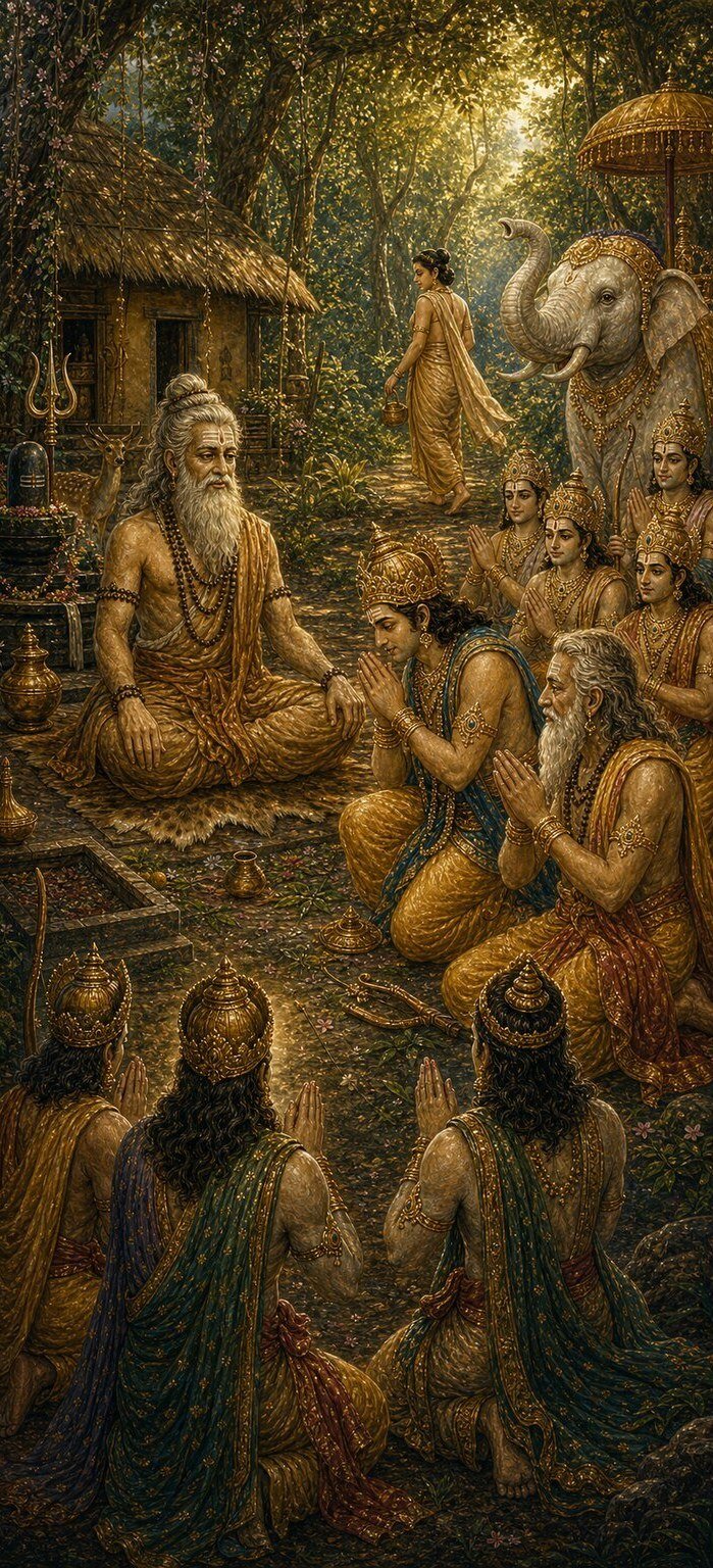 दधीचि मुनि अपने वनआश्रममें आसनपर बैठे हैं, सामने मुकुटधारी इन्द्र, देवगुरु बृहस्पति और देवता हाथ जोड़कर उनसे अस्थियोंकी याचना करते हैं, और पीछे पत्नी सुवर्चा कलश लिये चुपचाप भीतरी वनकी ओर जाती दिखती हैं।